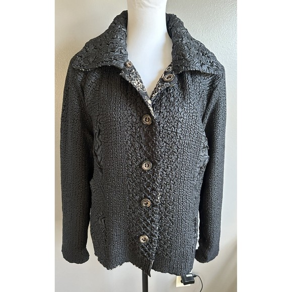 Women’s Polyester Seersucker Jacket Reversible Black Tan Button Coat No tags - Picture 1 of 7